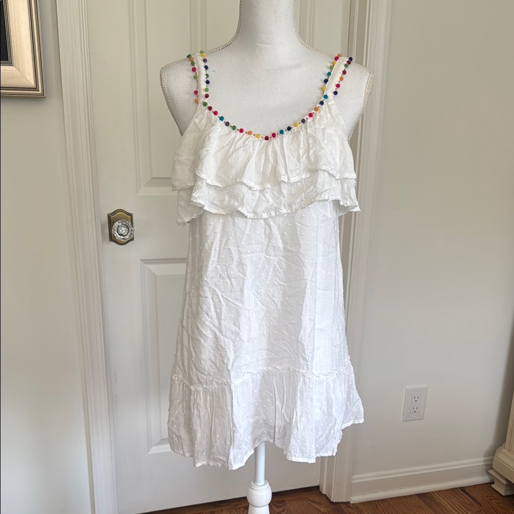 White Ruffle Dress with Colorful Pom-Pom Trim